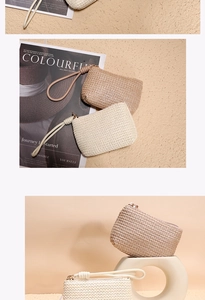 Detail of hand-woven straw coin purses in beige and apricot with zipper closure and wristlet