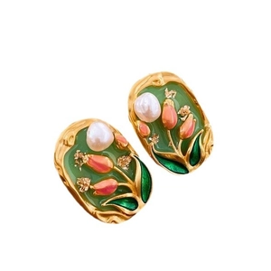 Vintage enamel tulip earrings with green oil painting texture and baroque pearl detail