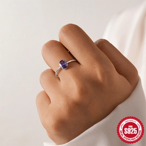 Elegant S925 sterling silver ring with oval purple zircon in a four-prong minimalist setting