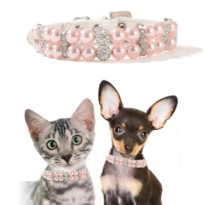 Pink double-row pearl pet collar with rhinestone accents and leather strap for cats and dogs