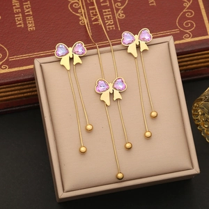 Bow Knot Heart Glass Jewelry Stainless Steel Gold Plated Long Tassel Necklace Bracelet Earrings For Women Elegant