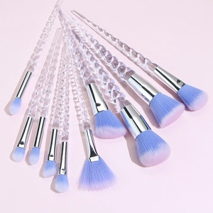 10-piece makeup brush set with crystal clear spiral handles and blue-purple gradient bristles