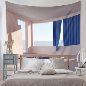 Detail of bohemian tapestry featuring a modern pink room view with a blue sea window scene