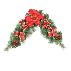 Red Christmas garland with PVC pine needles, festive bows, and pinecones on white background