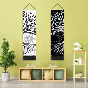 Bohemian sun and moon wall tapestries with tassels and tree of life on a green wall