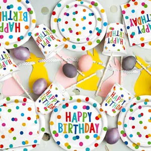 Colorful polka dot Happy Birthday party tableware set with paper plates, cups and napkins