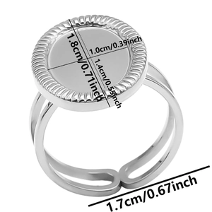 Detailed view of adjustable stainless steel oval ring base with specific size measurements