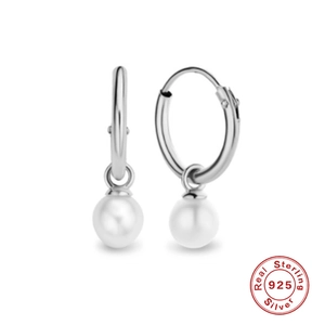 Elegant 925 sterling silver hoop earrings featuring white pearl pendants on white background