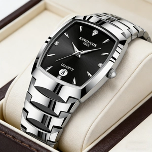 Detailed close-up of Kingnuos tonneau quartz watch with diamond scales in luxury gift box
