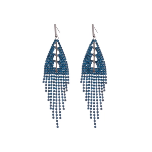Elegant silver triangle earrings with blue rhinestone long fringe tassels on white background