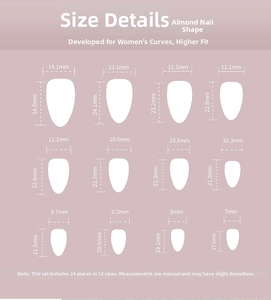 Size chart showing 12 different almond shape press-on nail dimensions for a perfect fit