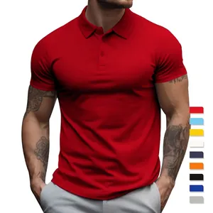 Classic men's short sleeve polo shirt in red featuring a three-button placket and lapel