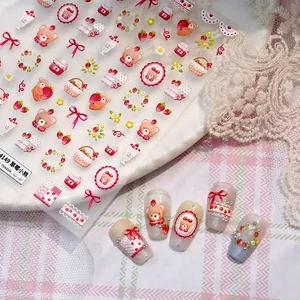 Cartoon Strawberry Bear Embossed Relief Nail Art Stickers Cute Manicure Decals Self Adhesive For Women Girls Beauty DIY