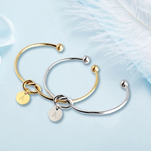 Initial Knot Bangle Stainless Steel Heart Charm 18K Gold Plated Open Cuff Fashion Jewelry For Women
