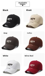 Detail showing embroidered baseball cap in black, khaki, grey, coffee, white and wine red
