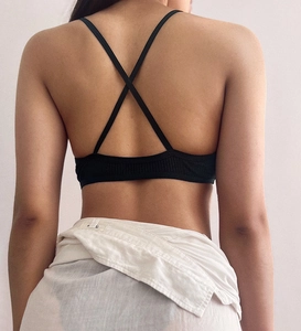 Gros plan sur la bralette noire côtelée avec bretelles croisées dans le dos sur mannequin