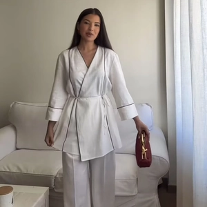 Damen Baumwolle Langarm V-Ausschnitt Bindegürtel Oberteil Und Weite Hose Elegant Kontrastsaum