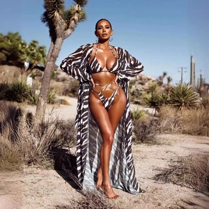 Bikini Top And Bottom With Long Beach Cover Up Cardigan Animal Print Leopard Zebra Tie Dye Swimwear For Women