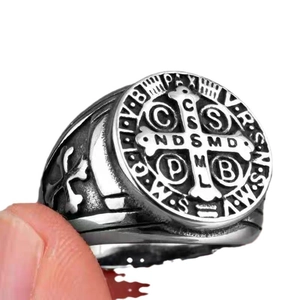 Vintage stainless steel Saint Benedict medal ring in silver and black with relief