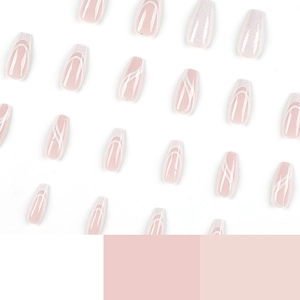French tip press-on nails with pink base, white glitter waves, and long coffin shape