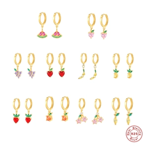 S925 Sterling Silver Tropical Fruit Stud Earrings For Women Gold Colorful Rhinestone Cherry Strawberry Grape Pineapple Tiny Earrings Jewelry