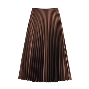 Elegant brown pleated satin midi skirt with shimmering metallic finish and A-line silhouette