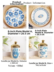 Detailed view of ceramic evil eye plates and 350ml candle jars with gold lids