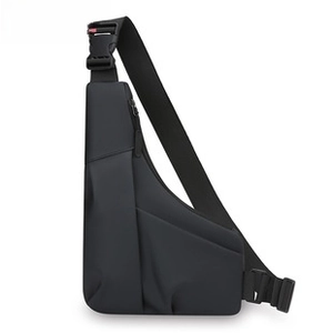 Detail view of the water-resistant black crossbody bag with adjustable nylon strap and buckle