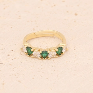 Adjustable gold open ring with emerald green and clear heart zircon stones set in a row