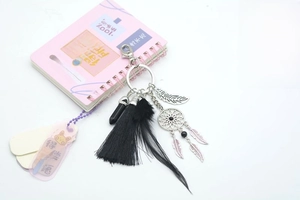 Detail of bohemian dream catcher keychain with black feathers, tassel and silver charms