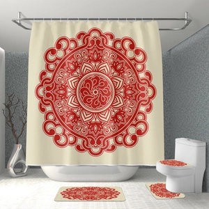 Waterproof polyester bathroom set with red mandala pattern shower curtain and floor mats