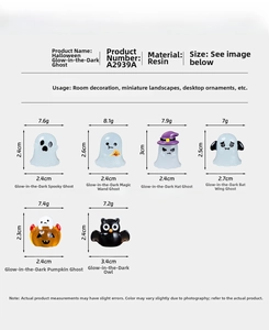 Size chart for luminous resin Halloween ghost figurines showing detailed dimensions and weights