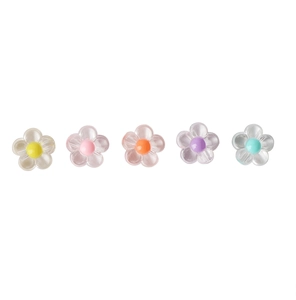 Close-up of translucent acrylic flower beads in five pastel colors for DIY jewelry making