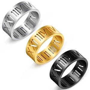 Men Stainless Steel Band Ring Hollow Out Roman Numerals Vintage Punk Style High Polished Jewelry