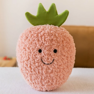 Peluche a forma di frutto rosa con viso sorridente e foglie verdi, regalo per matrimoni