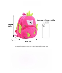 Pink dragon fruit plush backpack for toddlers showing 26x24x10cm dimensions