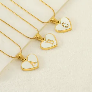 Heart Initial Necklace Women 18K Gold Plated Stainless Steel Shell Inlay Alphabet Pendant Minimalist Snake Chain Elegant Jewelry