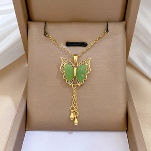 Butterfly Tassel Necklace Titanium Steel Chain Copper Green Stone Pendant Elegant Vintage Luxury Clavicle Chain Women