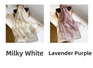 Close-up of lightweight silk wool blend scarves in Milky White and Taro Purple colors