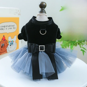Detail of pet princess dress featuring velvet bodice, rhinestone bow, and mesh skirt