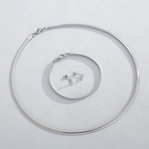 Polished silver stainless steel jewelry set with snake chain necklace and square studs
