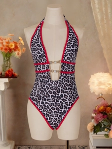 Sexy leopard print one-piece bikini with red trim and pearl chain neck straps