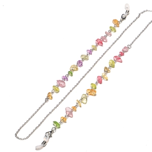 Detail of colorful natural stone beads and silver metal chain for glasses strap