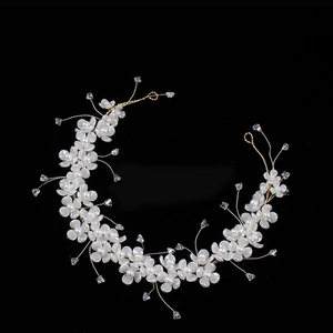 Handmade Bridal Hair Vine With White Porcelain Flowers Faux Artificial Pearls And Crystals Alloy Wire Headband For Wedding Women