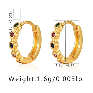 Detail of 18K gold-plated hoop earrings featuring multi-colored zircons and dimensions