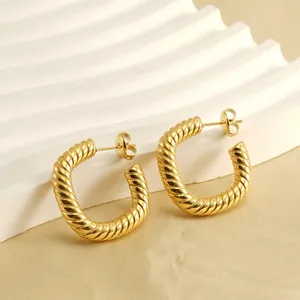 Twisted Rope Hoop Earrings 18K Gold Plated Stainless Steel Geometric Threaded C Shape French Retro Fashion For Women