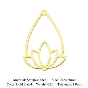 Macro view of gold-plated stainless steel lotus flower pendant with 20.5x30mm dimensions