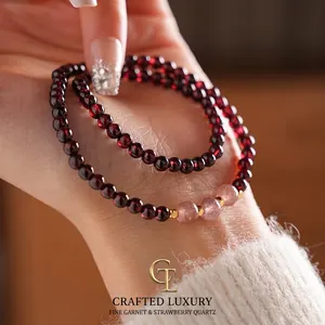Garnet and red agate multi-layer beaded bracelet with gold accents for women