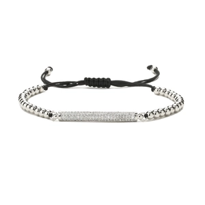 Bracelet à billes en argent avec cylindre en zircone et cordon noir ajustable pour femmes