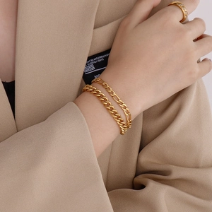 Elegant gold double-layer chain bracelets and rhinestone wide ring set for women